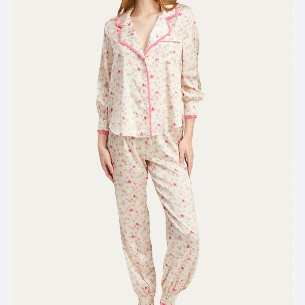 Morgan Lane Cream Star-Print Two-Piece Pajama Set with Pink Trim